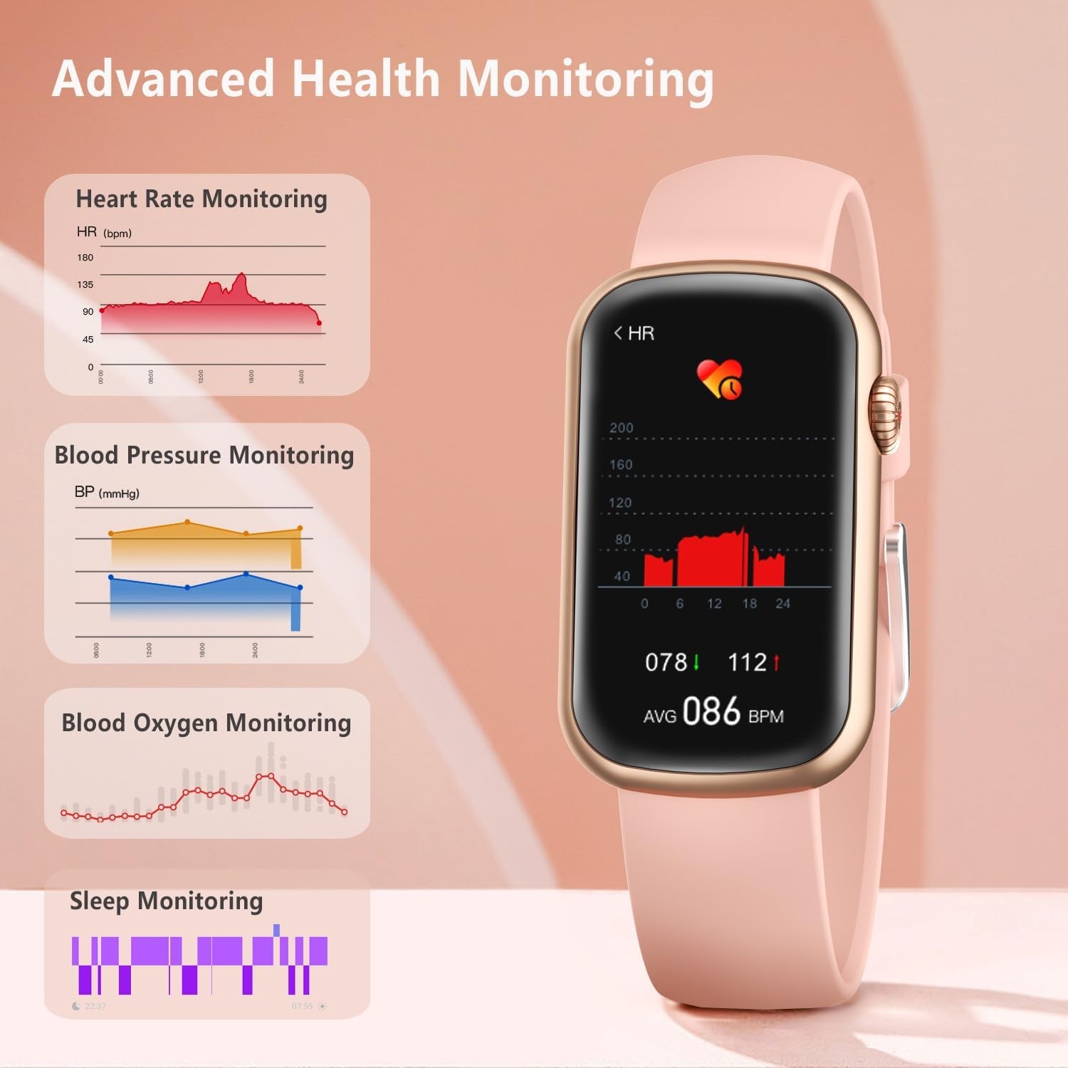 Slim Fitness Tracker with Blood Oxygen, Blood Pressure, 24/7 Heart Rate and Sleep Tracking, IP68 Waterproof Activity Trackers and Smart Watches with Step Tracker, Pedometer for Women Men