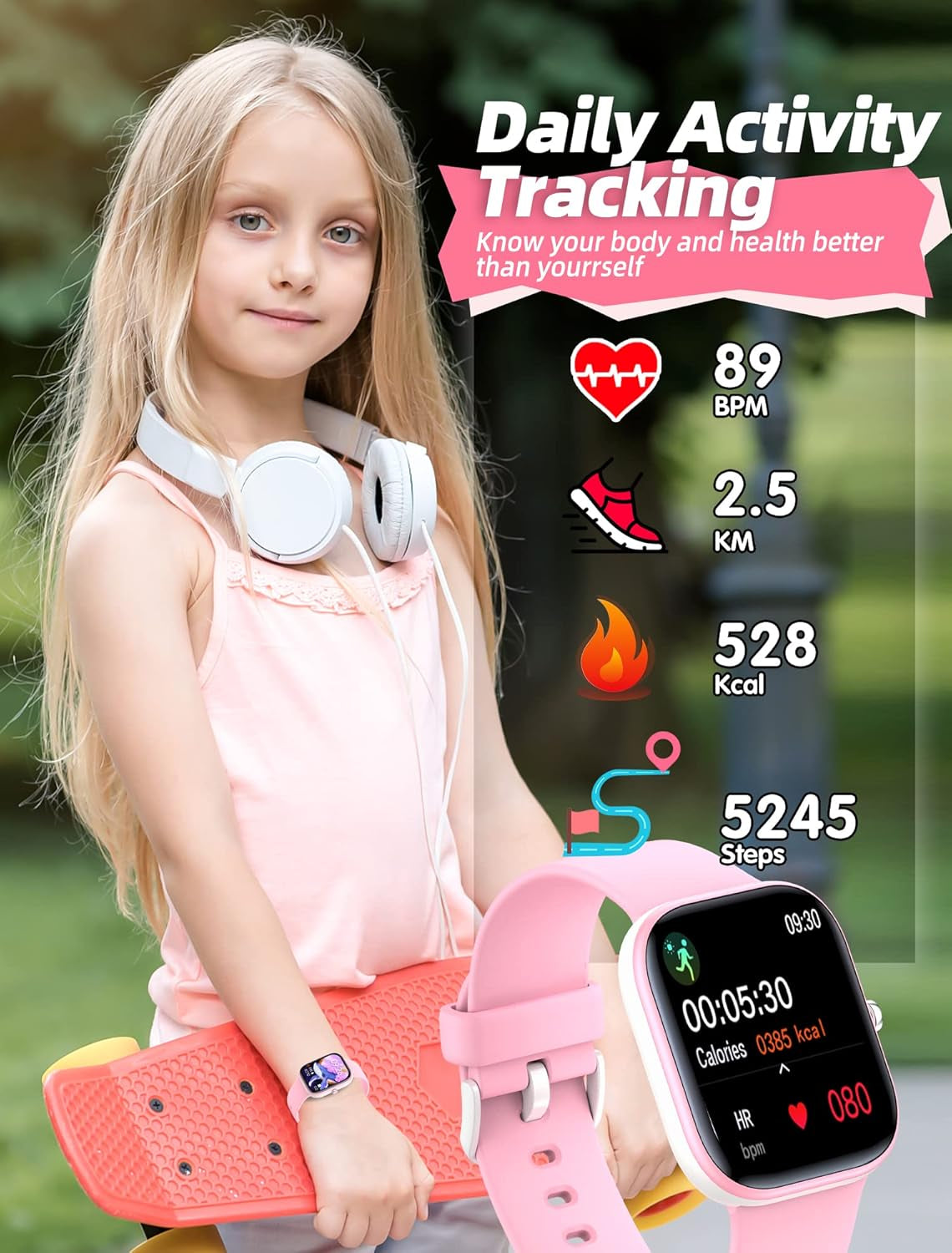Kids Smart Watch for Girls,Ip68 Waterproof Kids Fitness Tracker Watch with 1.5 Inch DIY Face,Heart Rate Sleep Monitor,19 Sport Modes,Calories Counter,Alarm Clock,Great Gifts for Children 6+ (Pink)