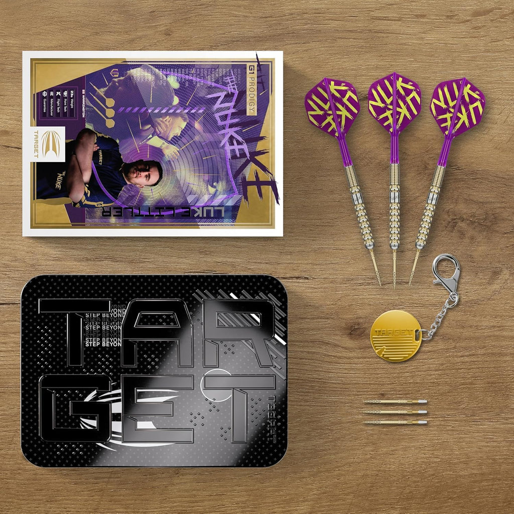 Luke Littler Gen 1 Prodigy Steel Tip Swiss Point Darts, 90% Tungsten, 22G/23G/24G | Generation 1 Gold Steel Tip Darts, G1 Player Edition Swiss Points Dart Sets, Flights and Shafts