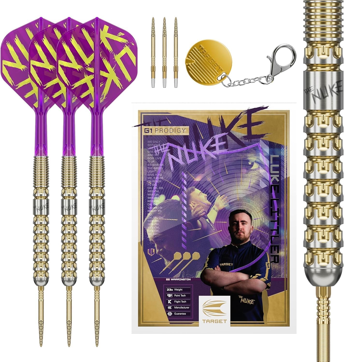 Luke Littler Gen 1 Prodigy Steel Tip Swiss Point Darts, 90% Tungsten, 22G/23G/24G | Generation 1 Gold Steel Tip Darts, G1 Player Edition Swiss Points Dart Sets, Flights and Shafts