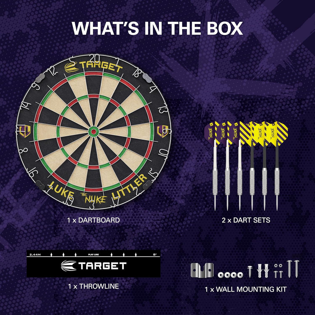 Luke Littler Dartboard Set | Player Edition ‘The Nuke’ Dart Board Set with 2 Sets of Steel Tip Darts, Competition Standard Throw Line | Professional Dart Setup & Accessories