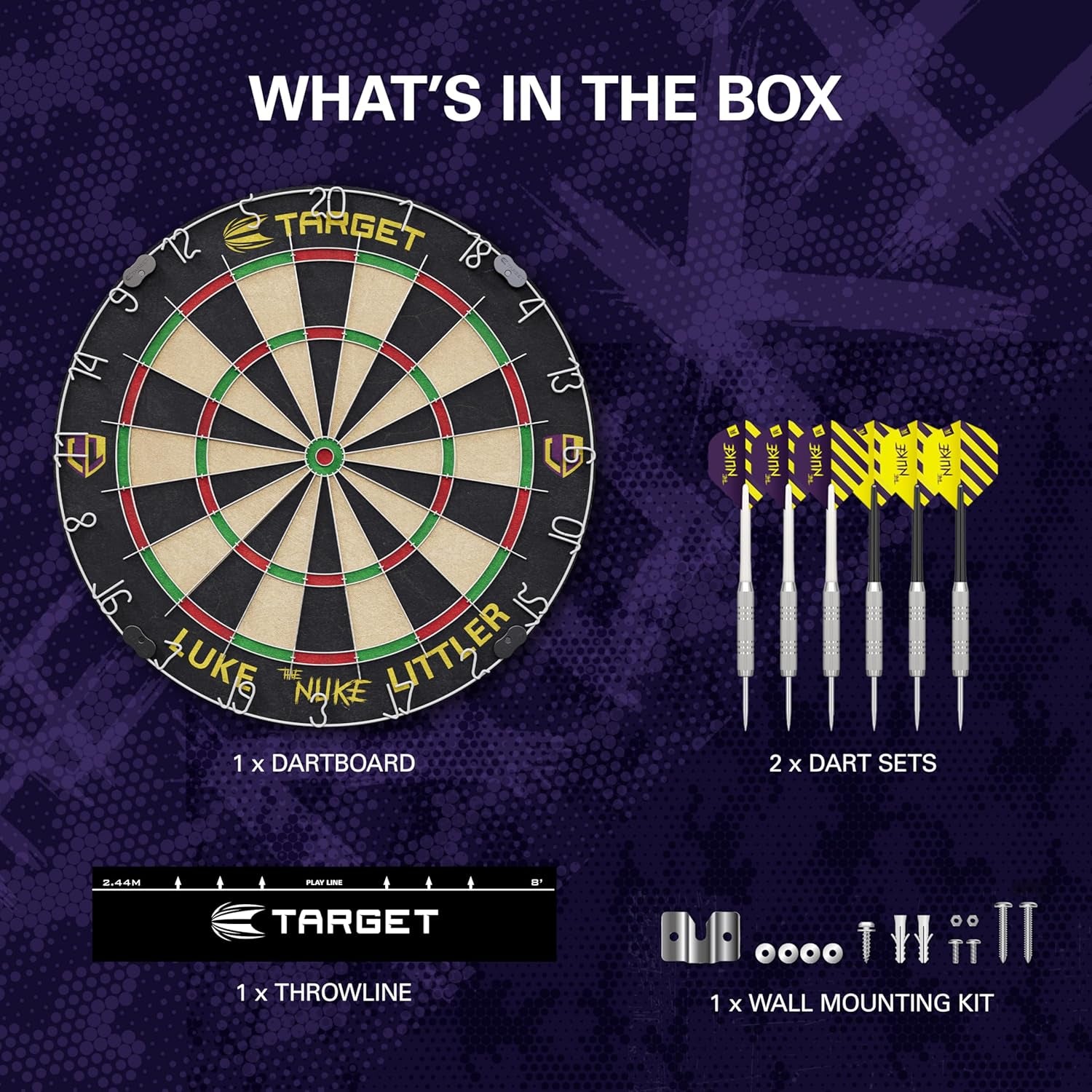 Luke Littler Dartboard Set | Player Edition ‘The Nuke’ Dart Board Set with 2 Sets of Steel Tip Darts, Competition Standard Throw Line | Professional Dart Setup & Accessories
