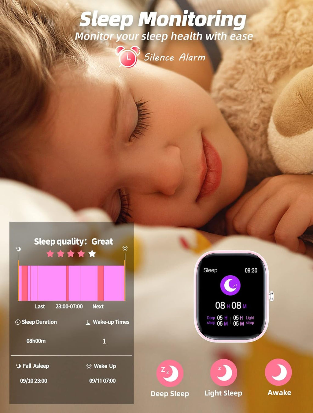 Kids Smart Watch for Girls,Ip68 Waterproof Kids Fitness Tracker Watch with 1.5 Inch DIY Face,Heart Rate Sleep Monitor,19 Sport Modes,Calories Counter,Alarm Clock,Great Gifts for Children 6+ (Pink)