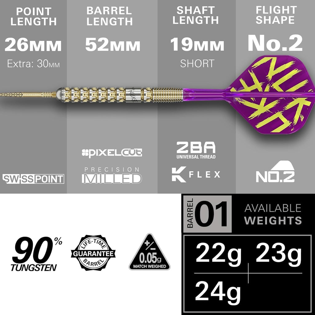 Luke Littler Gen 1 Prodigy Steel Tip Swiss Point Darts, 90% Tungsten, 22G/23G/24G | Generation 1 Gold Steel Tip Darts, G1 Player Edition Swiss Points Dart Sets, Flights and Shafts