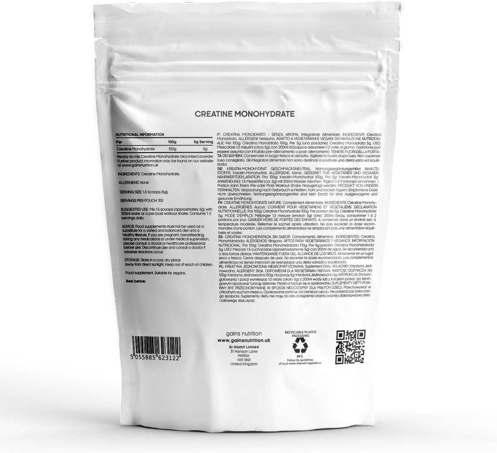 GN Creatine Powder | 500G High Strength Creatine Monohydrate Powder - 5G per Serving | Unflavoured Filler Free Creatine-Monohydrate | Non-Gmo & Gluten Free